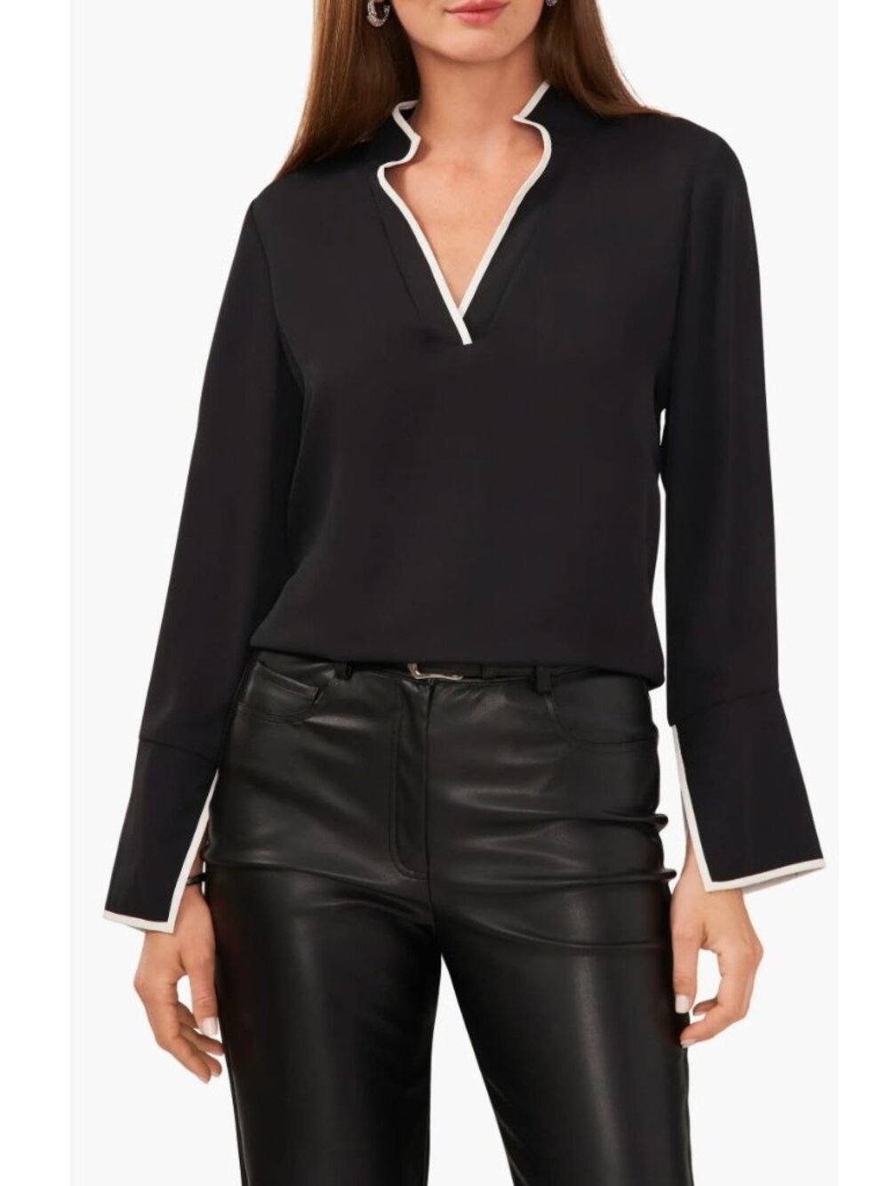 NWOT Vince Camuto V Neck Tunic Blouse Trim Split Neck Top S Black MSRP $89